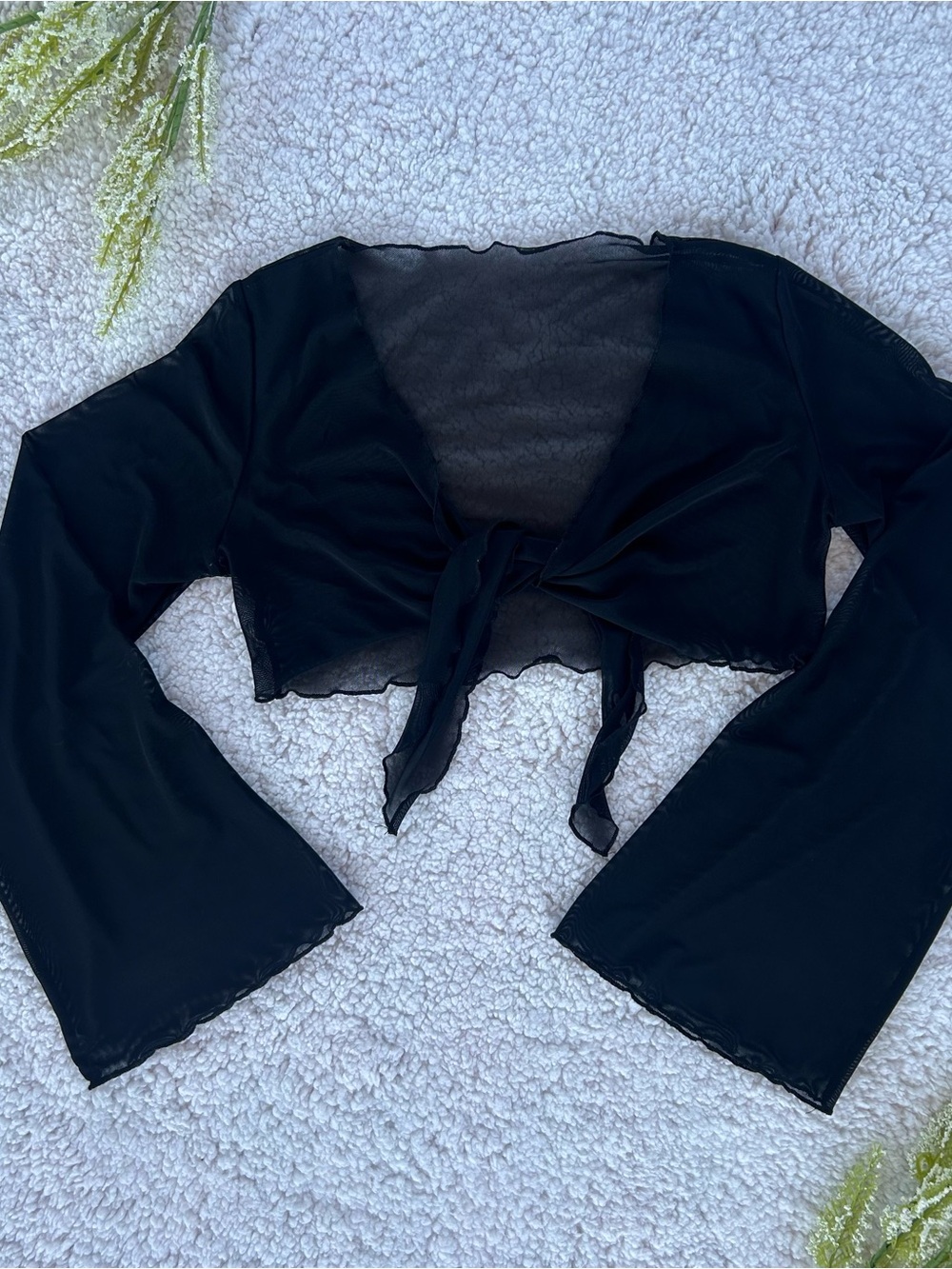 Black Sheer Mesh Tie Front Crop Top Medium Y2K Fairy Grunge Coquette